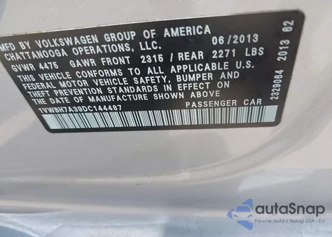 2013 Volkswagen Passat 2.5L Se из США, поврежденный, VIN 1VWBH7A39DC144487